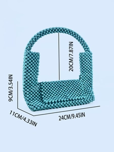 Handmade turquoise beaded handbag with U-shape flap and marble texture beads, 24x11x9cm