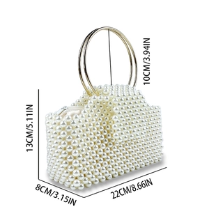 Detailed size guide of white pearl beaded evening handbag with golden ring handles