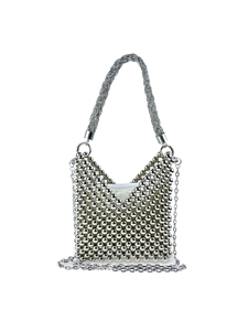Women Vintage Silver Beaded Handbag Hand-Woven Small Square Shoulder Bag With Metal Chain Strap Rhinestone Embellishment Evening Party Bag