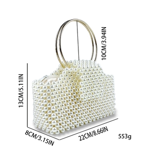 Detailed dimensions of handmade pearl beaded handbag with circular gold handle