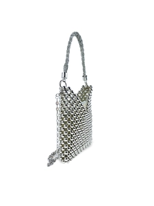 Silver beaded mini shoulder bag with textured top handle and metallic chain strap
