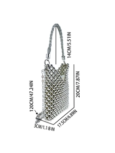 Silver pearl beaded square shoulder bag with chain strap and metallic finish texture