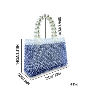 Detail view of handmade gradient beaded handbag with pearl handle and exact measurements