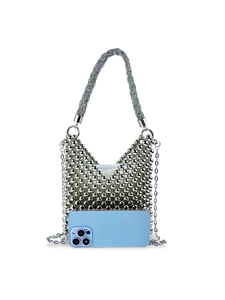 Silver beaded handmade shoulder bag with metallic texture, chain strap, and zipper closure