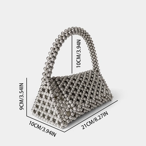 Detailed dimensions of silver woven beaded handbag with 21cm base and 10cm handle height