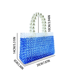 Detailed size specifications for a handmade beaded handbag with pearl handle and blue beads