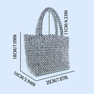 Detailed size specifications for the silver beaded evening tote with height and width