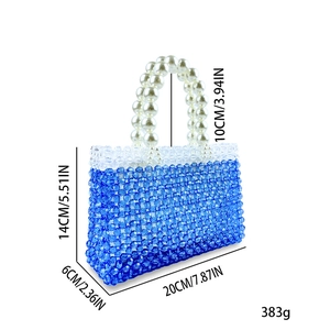 Blue and transparent beaded handbag dimensions with elegant white pearl handle details