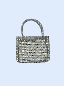 Silver Sequin Handbag Metallic Beaded Tote Bag Hand-woven Shiny Shoulder Bag For Women Evening Party Fashion