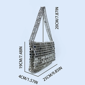 Sizing chart for silver sequin evening bag showing 25x19x4cm dimensions and handle drop