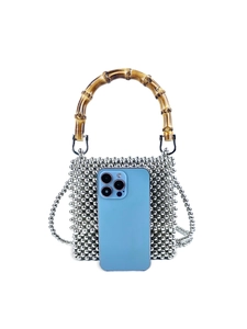 Silver beaded handbag with bamboo handle and metallic pearls in a square box shape