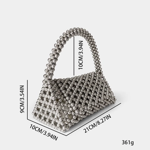 Detailed size chart of handmade silver beaded triangle handbag with dimensions and weight
