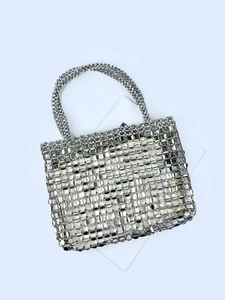 Modern silver sequin beaded tote bag with handmade metallic chainmail weave pattern