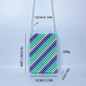Detailed size chart of handmade beaded crossbody bag with acrylic pearls and strap dimensions