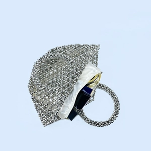 Silver beaded basket bag showing interior capacity with cosmetics on a blue background