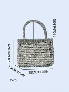 Silver sequin beaded tote bag with dimensions display for handcrafted woven design
