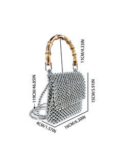 Silver beaded handbag with bamboo handle and chain strap including detailed dimensions