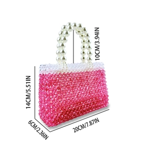 Detail of pink beaded handbag showing transparent beadwork and pearl handle dimensions