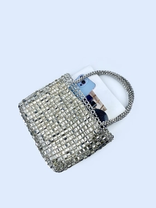 Handmade silver sequin beaded tote bag with metallic handles and spacious open weave