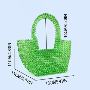 Detail view of emerald green acrylic beaded handbag with precise size measurements