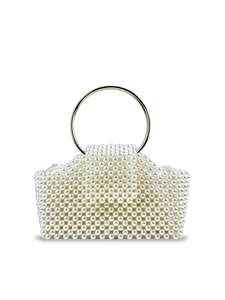 Artificial Pearl Beaded Woven Evening Handbag With Metal Ring Handles French Retro Elegant Party Purse For Women