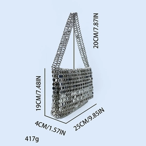 Detailed dimension chart for silver sequin woven bag showing size and strap length