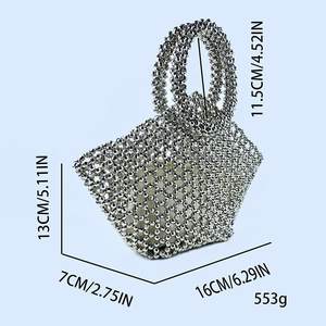 Detailed size chart of handmade silver beaded handbag with dimensions and round handle