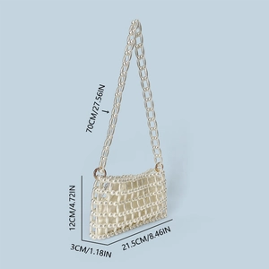 Detailed size diagram of ivory pearl beaded handbag showing dimensions and strap length