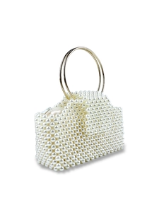 Elegant white pearl beaded evening bag with stylish round gold metal handles for women