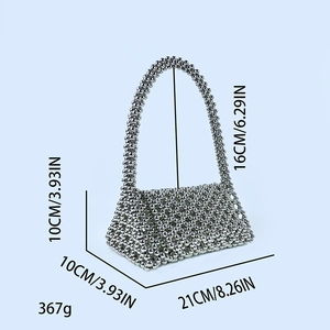 Dimensions détaillées du sac à main perlé argenté avec mesures et informations de poids