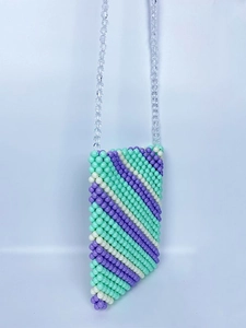 Handmade woven acrylic bead crossbody bag with mint green and purple diagonal stripes