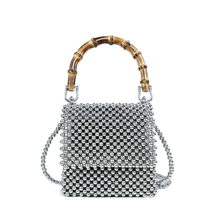 Silver beaded mini bag with bamboo handle and detachable chain strap in square shape