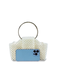 Woven pearl evening handbag with gold circular metal handle and white lining detail