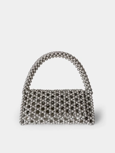 Women's Silver Beaded Handbag Hand-Woven Metallic Luster Triangle Hollow Flap Evening Bag With Lining For Party Wedding