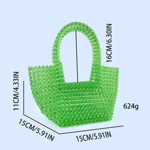 Detail view of green acrylic beaded tote bag with dimensions 15x15x11cm and 16cm handle