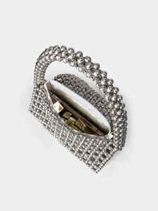 Silver beaded handmade woven triangle handbag with top handle and metallic finish