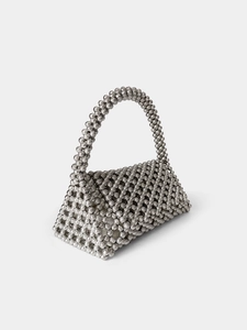 Silver beaded handbag with triangle flap design and handmade woven texture for women