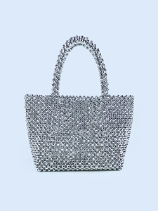 Hand-Woven Beaded Handbag Silver Metallic Plastic Beads Tote Bag For Women Elegant Evening Party Chic Hand-Crafted Bag