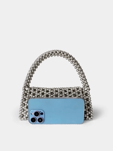 Silver beaded handmade handbag with hollow weave and triangle pattern for women