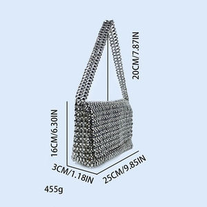 Detail view of silver beaded shoulder bag with size 25x16x3cm and weight 455g specifications