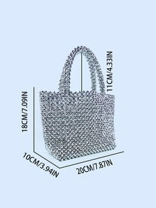 Elegant silver beaded tote bag with size dimensions for luxury evening parties
