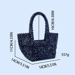 Detailed dimensions of handmade black beaded tote bag showing size and weight specs