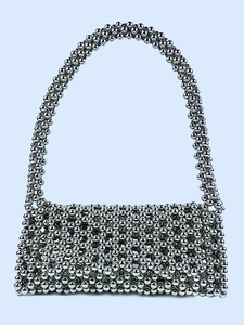 Sac à Bandoulière Tissé à la Main avec Perles pour Femmes Argent Perles en Plastique Rabat Évidé Sac Sous le Bras pour Fête Quotidienne Style Minimaliste