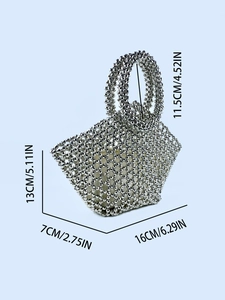 Silver beaded handmade ring handle handbag with dimensions 16x7x13cm displayed on blue background