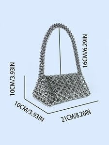 Sac à main trapèze perlé argenté avec poignée et dimensions détaillées