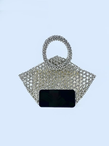 Silver beaded fan-shaped handbag with circular handle and hollow mesh design