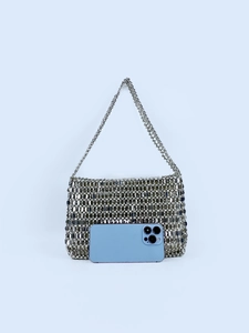 Silver sequin woven handbag with metal chain strap and phone size reference