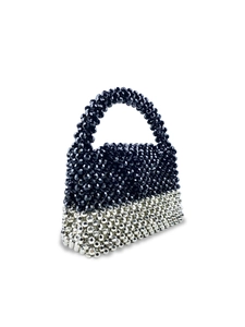 Handmade beaded handbag with black and silver contrast beads and a round top handle