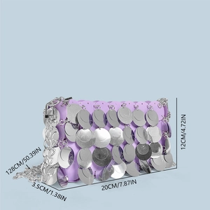 Detailed dimensions of the purple sequin handbag with silver chain strap and measurements