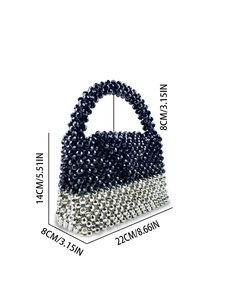 Black and silver handmade beaded handbag with circular handle and size measurements